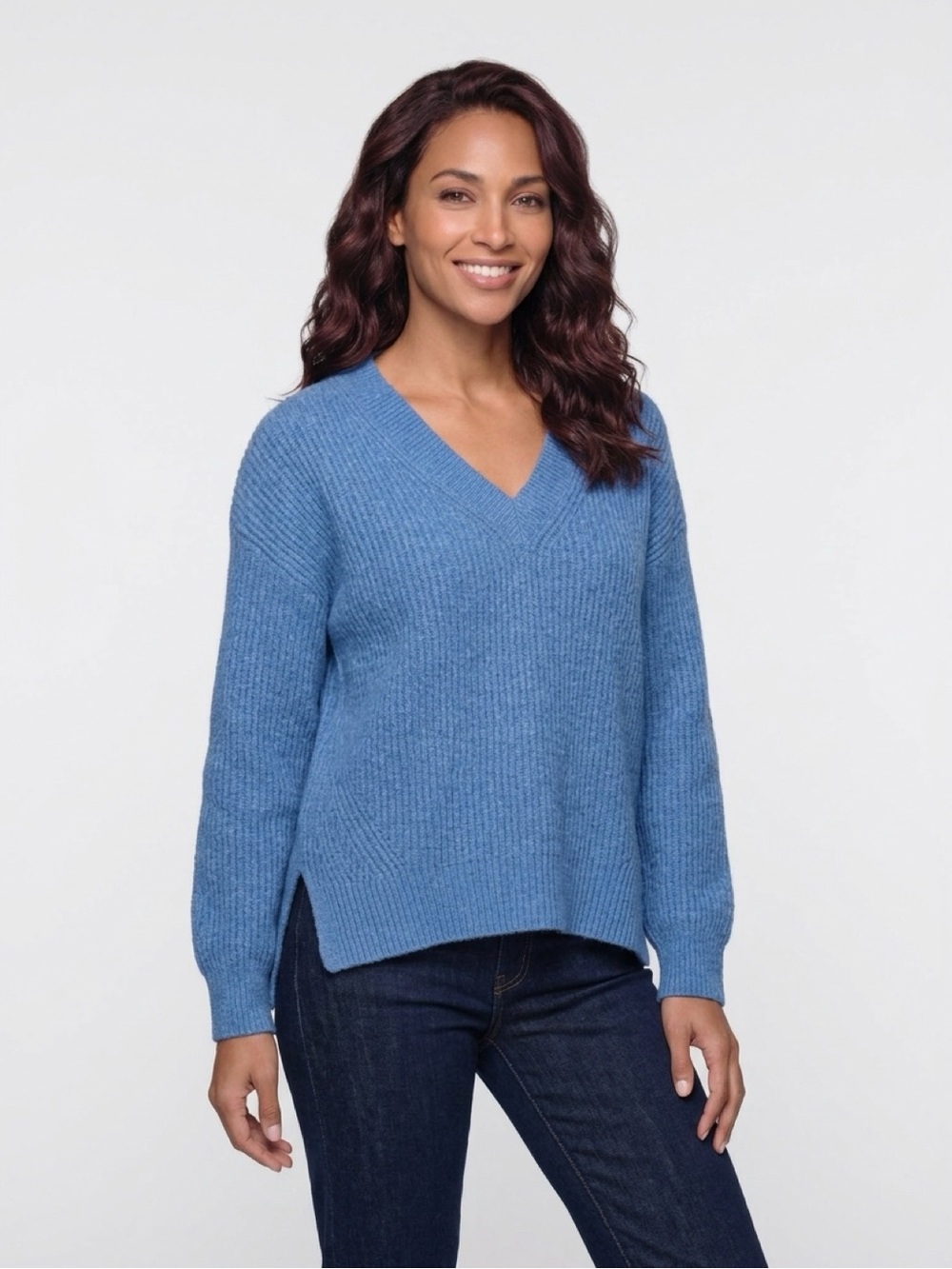 Pink Rose Blue Ribbed V-Neck Oversized Sweater Size S